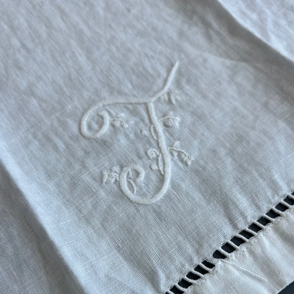 White Monogrammed “T” Linen Towel